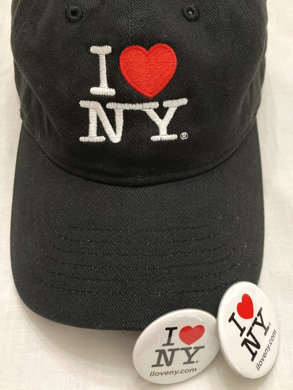 Baseball Hat & Button Bundle I Love NY EMBROIDERED Adjustable Cap Heart New York